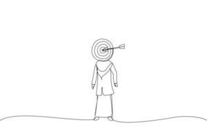 dessin animé d'une femme d'affaires musulmane se tenant comme cible humaine, métaphore de la cible de la concurrence commerciale. style d'art en ligne continue vecteur