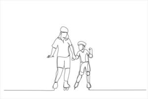 dessin animé de papa avec sa petite fille sur les patins à roulettes. style d'art en ligne continue unique