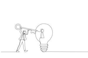 illustration d'un homme d'affaires intelligent tenant une grosse clé sur le point d'insérer dans la prise de clé sur la lampe à idée d'ampoule. métaphore de l'idée d'entreprise, de l'invention et de la créativité. un style d'art en ligne continue vecteur