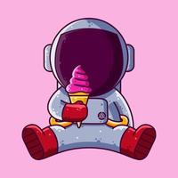 astronaute mignon mangeant une illustration de vecteur de dessin animé de crème glacée. icône de style dessin animé ou vecteur de personnage de mascotte.