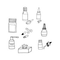 gouttes et pilules dans une bouteille avec un doodle dessiné à la main de pipette. , scandinave, nordique, minimalisme, monochrome. définir l'icône. médecine nez qui coule santé traitement vecteur