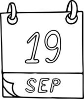 calendrier dessiné à la main dans un style doodle. 19 septembre. sourire, conversation internationale comme un jour de pirate, rendez-vous. icône, élément autocollant pour la conception. planification, vacances d'affaires vecteur