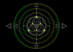 géométrie sacrée, fleur de vie, mandala de fleur de lotus. logo dégradé vert symbole d'harmonie et d'équilibre, ornement géométrique brillant, yoga relax, vecteur isolé sur fond noir