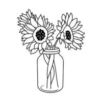 tournesols en pot. fleurs sauvages dans une bouteille en verre. illustration de contour de vecteur isolé sur blanc