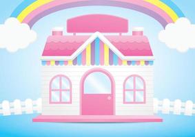 vecteur d'illustration 3d maison rose kawaii mignon avec arc-en-ciel pastel doux