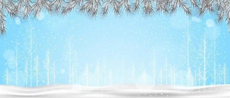 guirlande d'argent de noël avec chute de neige.bordure de branches de sapin, neige au sol, forêt de pins blancs sur fond de ciel bleu.conception de décoration vectorielle pour le nouvel an, carte de voeux joyeux noël vecteur