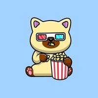 chat mignon regardant un film avec illustration d'icône de vecteur de dessin animé de pop-corn. concept de dessin animé plat