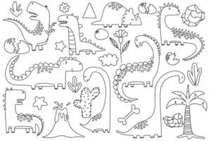 doodle de dinosaures mignons et de plantes tropicales. jeu de dino drôle de bande dessinée. doodle vecteur dessiné à la main pour les enfants