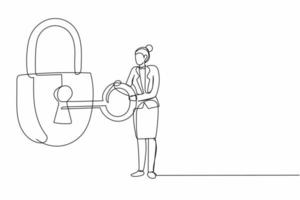 une seule ligne continue dessinant une femme d'affaires mettant une grosse clé dans un cadenas. sécurité, sûreté, protection de la propriété privée. secret, protection sécurisée. une ligne dessiner illustration vectorielle de conception graphique vecteur
