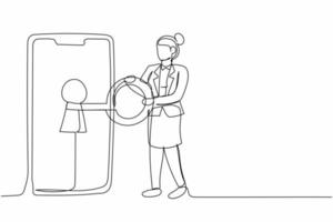 une seule femme d'affaires dessinant une ligne a mis la clé dans le smartphone. déverrouiller la protection de l'écran. confidentialité des données pour protéger l'internaute. système de sécurité du dispositif de mot de passe. illustration vectorielle de conception de ligne continue vecteur