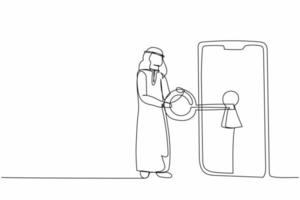 une seule ligne dessinant un homme d'affaires arabe mettant une grosse clé dans un smartphone. confidentialité des données pour protéger l'utilisateur contre les pirates. système de sécurité par mot de passe. illustration vectorielle graphique de conception de dessin en ligne continue vecteur