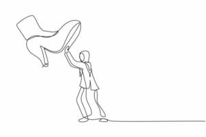 une seule ligne dessinant une jeune femme d'affaires arabe contre le piétinement de chaussures géantes. une employée pousse contre un pas de pied géant. métaphore minimale. illustration vectorielle graphique de conception de dessin en ligne continue vecteur