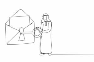 une seule ligne dessinant un homme d'affaires arabe mettant une grosse clé dans le courrier. protection des messages numériques ou système de sécurité des e-mails. informations personnelles en ligne. illustration vectorielle graphique de conception de ligne continue vecteur