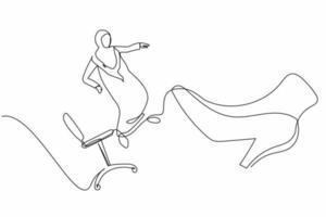 une seule ligne dessinant une petite femme d'affaires arabe malheureuse expulsée par un grand pied de sa chaise. réduction du personnel, travailleur licencié. métaphore minimale. illustration vectorielle graphique de conception de dessin en ligne continue vecteur