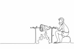 dessin continu d'une ligne homme de l'âge de pierre assis, cuisinant de la viande sur un feu de camp. homme préhistorique assis, cuisinant de la viande sur un feu de joie. humain ancien. illustration graphique vectorielle de conception de dessin à une seule ligne vecteur