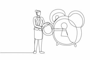 une seule femme d'affaires de dessin en ligne continue a mis la clé dans le réveil. une femme gestionnaire débloque un projet d'entreprise à échéance. le travailleur remonte l'horloge avec la clé. une ligne dessiner illustration vectorielle de conception graphique vecteur