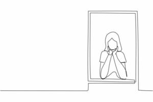 une ligne continue dessinant une femme triste assise près de la fenêtre avec un soutien au menton. impact pandémique dans les affaires, récession économique, krach boursier. illustration graphique vectorielle de conception de dessin à une seule ligne vecteur