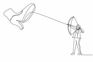 dessin continu d'une ligne courageuse femme d'affaires visant l'arc contre des chaussures géantes piétinant. archer féminin contre un pas de pied géant. métaphore minimaliste. illustration graphique vectorielle de conception à une seule ligne vecteur