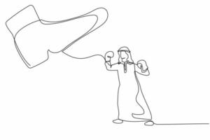 dessin en ligne continu d'un homme d'affaires arabe actif frappant un uppercut sous un gros pied. travailleur masculin contre patron dictatorial. métaphore du minimalisme. illustration graphique vectorielle de conception à une seule ligne vecteur