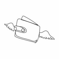 un seul dessin au trait portefeuille volant avec des ailes. perte d'argent, dépenses excessives, faillite. mascotte de logo de sac à main ailé sur fond blanc. illustration vectorielle graphique de conception de ligne continue moderne vecteur