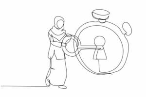 une seule ligne dessinant une femme d'affaires arabe a mis la clé dans le chronomètre. temps pour le projet d'entreprise de date limite. une planification efficace pour un travail productif. illustration vectorielle graphique de conception de dessin en ligne continue vecteur