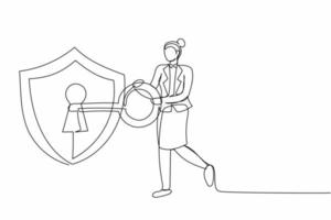 une seule femme d'affaires de dessin en ligne continue a mis la clé dans le bouclier. garde de sécurité. cryptage, codage des données monétaires numériques, sécurité et protection des finances. une ligne dessiner illustration vectorielle de conception vecteur