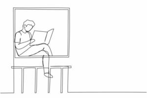 une seule ligne continue dessinant un homme détendu assis sur le rebord de la fenêtre et lit le journal. balcon confortable. activités à domicile. reste à la maison pendant la quarantaine. une ligne dessiner illustration vectorielle de conception graphique vecteur