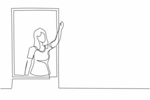 une seule ligne dessinant une jeune femme agitant à la fenêtre comme pour saluer ou inviter les gens à entrer. femme regardant à l'extérieur du rebord de la fenêtre. illustration vectorielle graphique de conception de dessin en ligne continue vecteur