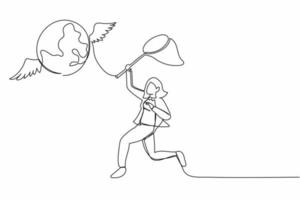 une femme d'affaires de dessin en ligne continue essaie d'attraper un globe volant avec un filet à papillons. n'a pas réussi à parcourir le monde à cause de la crise économique. illustration graphique vectorielle de conception de dessin à une seule ligne vecteur