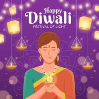 joyeux diwali avec une femme tenant une bougie vecteur