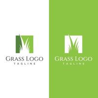 logo d'élément d'herbe verte naturelle, de prairie et d'herbe tondue dans le modèle de conception de logo vectoriel de printemps.