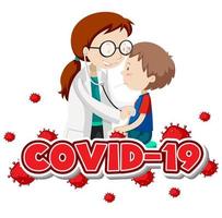 Covid-19 texte et médecin examinant un garçon malade vecteur
