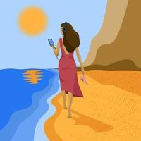 vue arrière d'une fille aux pieds nus, une femme marche le long de la plage dans des écouteurs avec un téléphone et des chaussures dans les mains, une dame lit un livre audio sur la plage, un arrière-plan abstrait du bord de mer, des montagnes, du sable de la mer vecteur