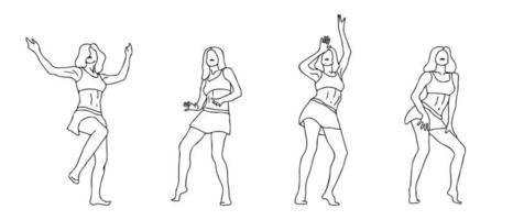 ensemble de dames de danse de contour noir. filles en jupe courte dansant dans différentes poses. les figures de femmes encrent des illustrations vectorielles de style dessinés à la main.