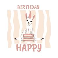 joyeux anniversaire carte de couleurs douces avec lama en chapeau d'anniversaire et illustration vectorielle de gâteau vecteur