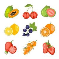 jeu d'icônes de dessin animé de fruits et de baies. papaye, cerise acérola, goyave, citron, cassis, orange, églantier, argousier, fraise. aliments sains vitaminés. carte d'éducation pour l'illustration des enfants vecteur