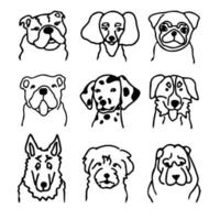 ensemble de visages de chien. races canines dans le style doodle. têtes dessinées à la main d'encre de chiots drôles. animaux de compagnie contour simple style enfants illustration vectorielle vecteur