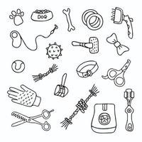 ensemble d'accessoires de doodle à l'encre dessinés à la main pour chiens. jouets pour chiens, ciseaux, peigne, nourriture, balles, os, patte, scoop, laisse illustration vectorielle vecteur