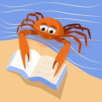 dessin animé mignon crabe lisant un livre. mascotte marine de crustacés décapodes de grande taille. personnage de créature marine sur illustration abstraite de fond de mer et de sable vecteur