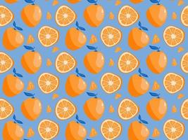 modèle sans couture de fruits orange entiers et demi-tranchés. ruit tropical avec des feuilles de fond répété orange et bleu. illustration pour impression de tissu ou de papier peint. vecteur