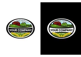 logo pour une ferme de village, forme ovale avec l'image d'une ferme et de champs vecteur