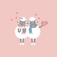 mignon et adorable couple de moutons dessinés à la main, joyeuse saint valentin, concept d'amour, conception de costumes de personnage de dessin animé illustration vectorielle plane vecteur