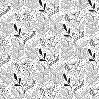 motif floral sans couture dans un style de ligne noir et blanc avec motif de carreaux damassés. impression textile de fleurs de griffonnage. graphique nature vintage. fleur avec baies et feuilles vecteur