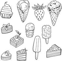 un ensemble de différents gâteaux et glaces en noir et blanc. éléments alimentaires isolés sur fond blanc pour votre conception. vecteur