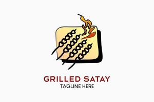 création de logo satay grillé avec concept créatif dessiné à la main. icône satay avec icône de feu dans une boîte. illustration de logo de viande grillée vecteur