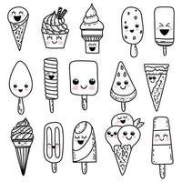 personnages de dessins animés kawaii dessinés à la main mignons. crème glacée avec des visages souriants. griffonnages heureux amusants pour les enfants vecteur