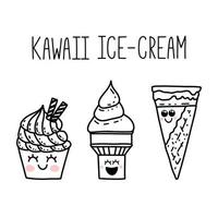 personnages de dessins animés kawaii dessinés à la main mignons. crème glacée avec des visages souriants. griffonnages heureux amusants pour les enfants vecteur