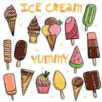 jeu de doodle coloré dessiné à la main de crème glacée. illustration vectorielle isolée sur fond blanc.