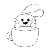 le lapin mignon regarde dans la tasse. dessiner une illustration en noir et blanc vecteur