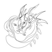 visage de femme avec museau de dragon dessin au trait illustration vectorielle. magie, ésotérisme, occultisme, conte de fées. illustration monochrome belle fille et dragon abstrait art.print, affiche, t-shirt, carte. vecteur